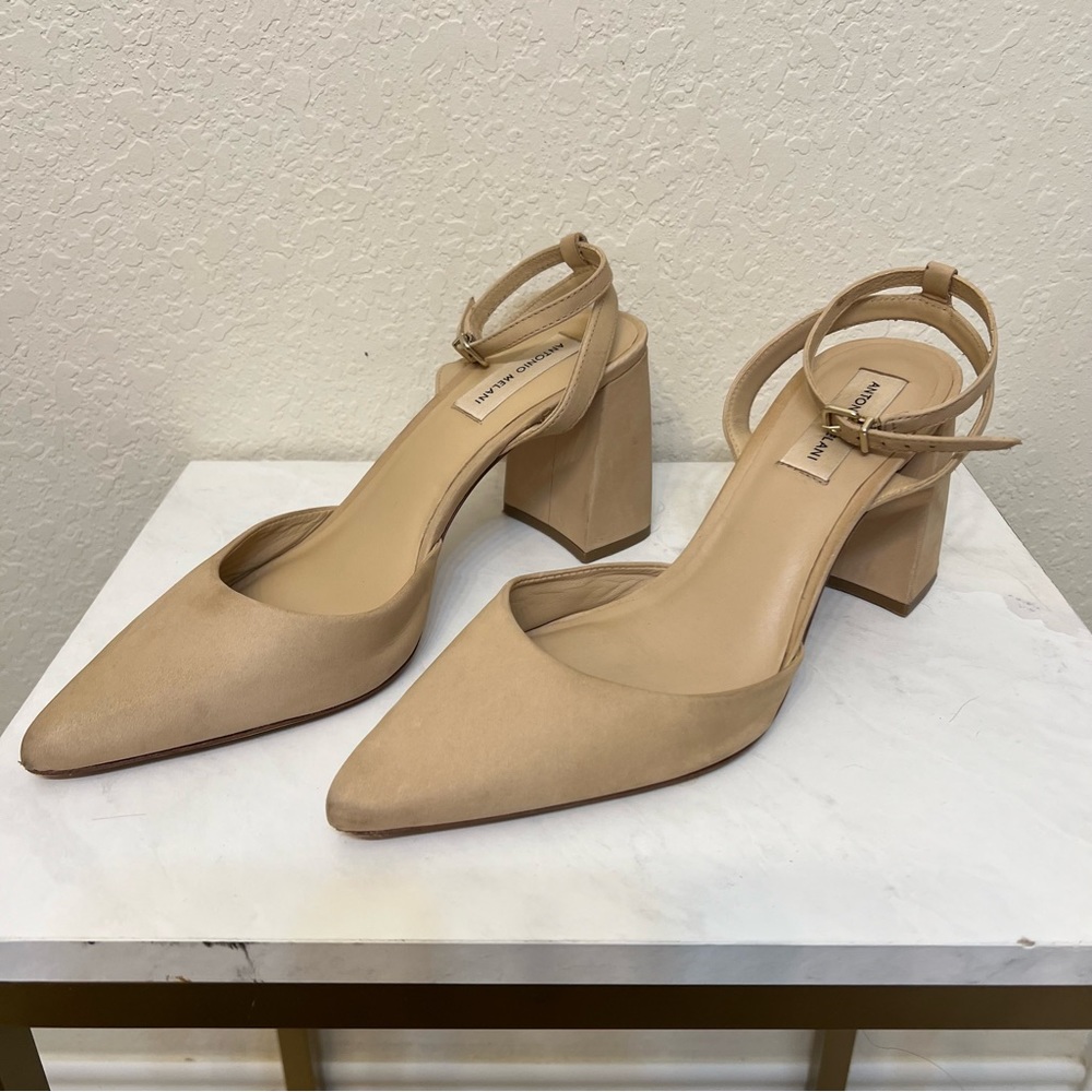 Antonio Melani Callee Block Pointed Toe Tan Leather Pumps w/ Straps, Women's 10M